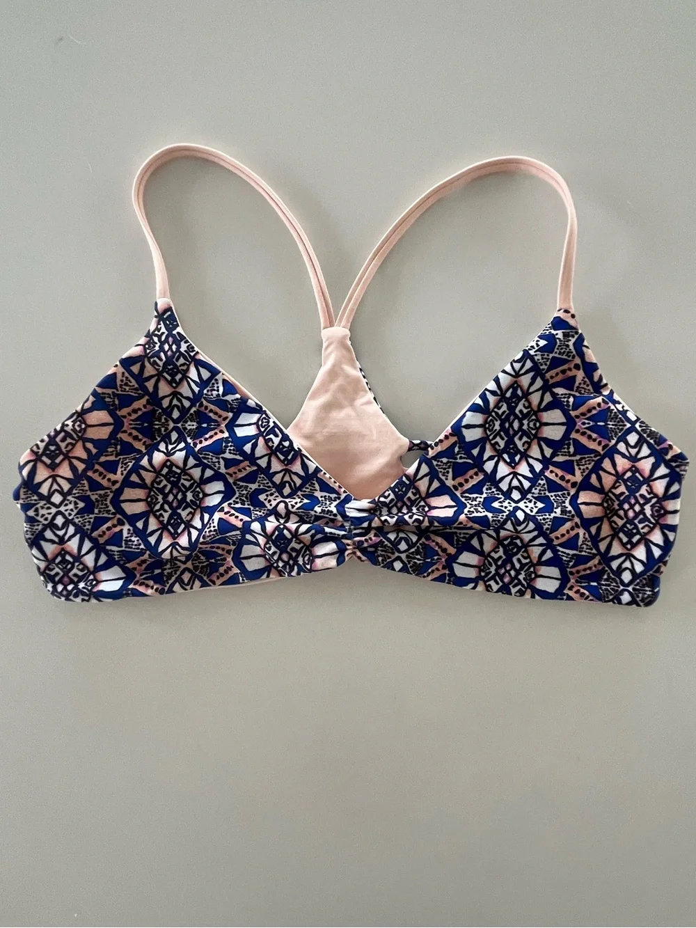 L*Space Geometric Boho Print Strappy Racerback Bikini Top Navy Blush Shell Large